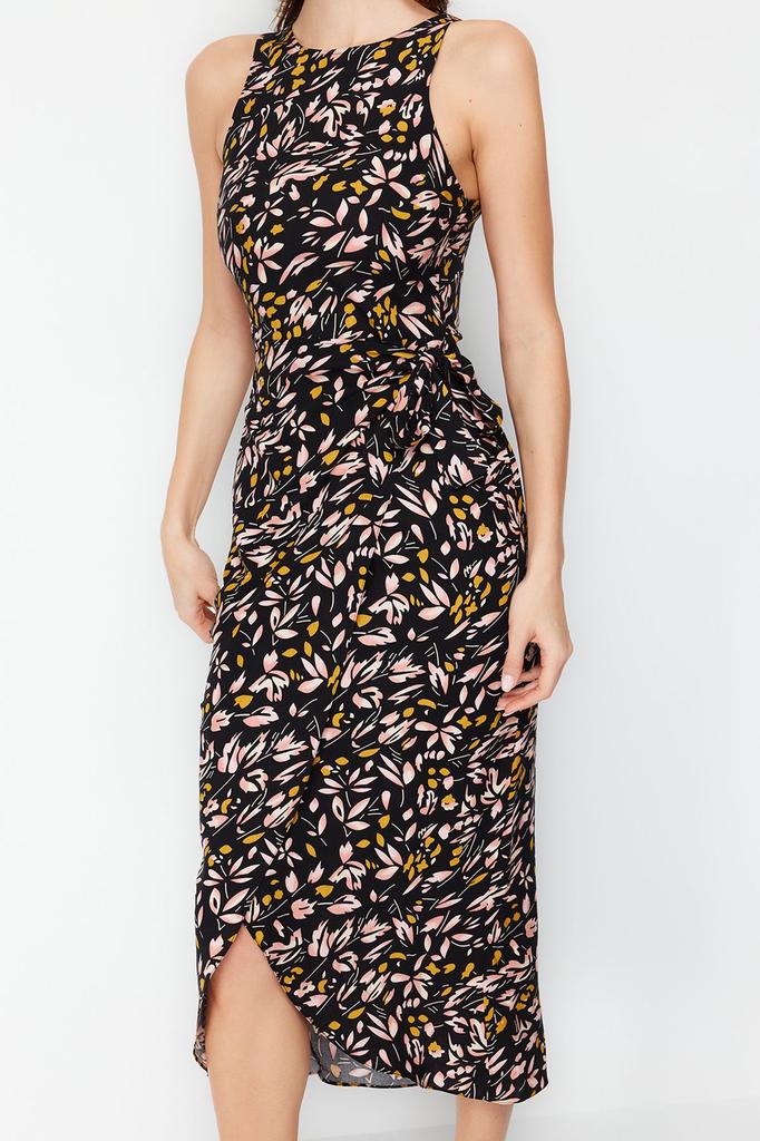 Women's Style Dress Black Floral Tie Detailed A-line Midi Woven Dress