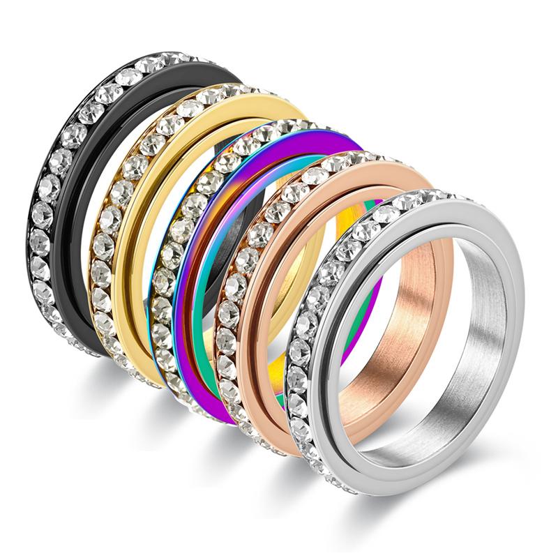 Stainless Steel Cubic Zirconia Rotatable Chain Couple Rings Anti Stress Anxiety Fidget Spinner Ring Wedding Band Knuckle Jewelry