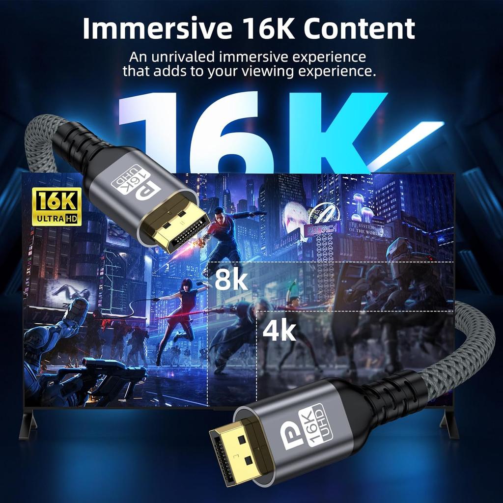 HD Video Cable 2.1 DisplayPort Braided Cable DP To DP 80Gbps Maximum Support 16K@60hz Suitable for High-brush Laptops Graphics Card Display Projector