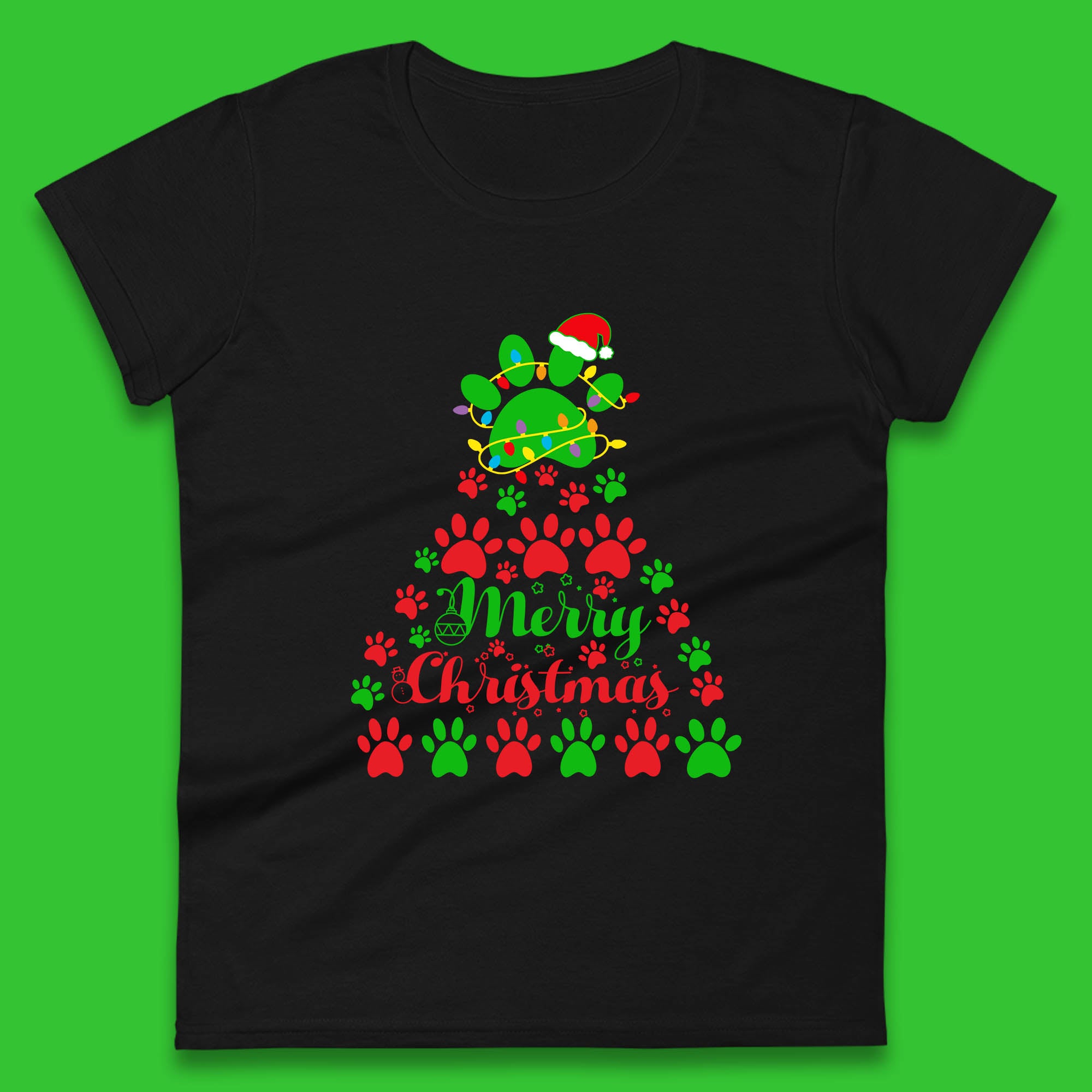 Merry Christmas Womens T Shirt Mens Tops Tees Unisex Christmas Paws Tree Top 2XL