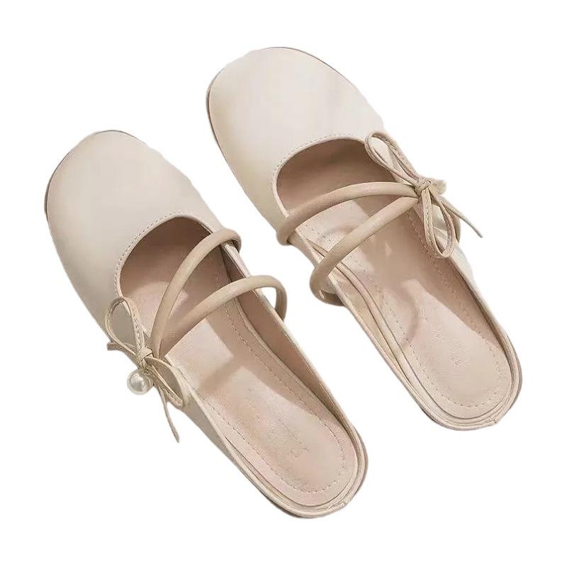 Fairy wind pearl bow baotou half slippers female summer 2025 new evening shoes flat lazy slippers
