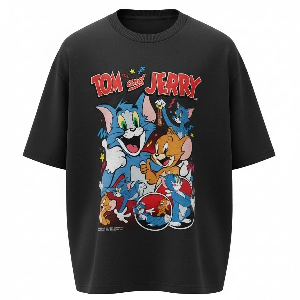 Tom and Jerry Shirt Cute Cartoon Cat and Mouse Graphic T-Shirt Black Tee