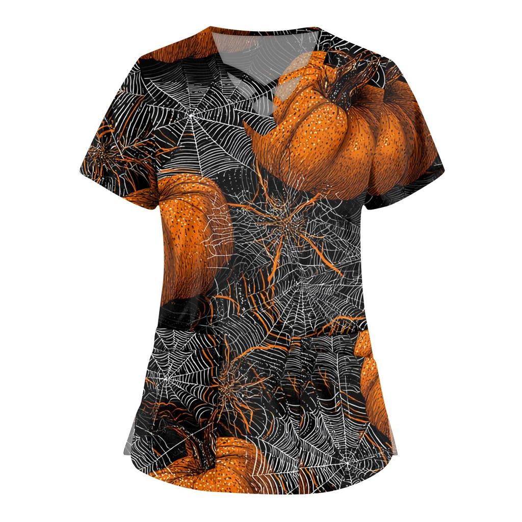 Women's Fashion Cross V Neck Short Sleeve Overalls Double Pockets Halloween Printed Tops Uniforms