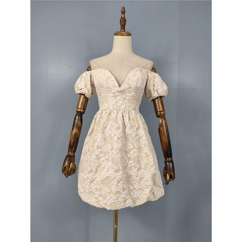 

Foreign Trade Order Lujia Heavy Industry Concave-Convex Jacquard Elegant Bubble Short sleeve V-neck Steel Ring Short Gyaru Pumpkin Dress Apricot White XS