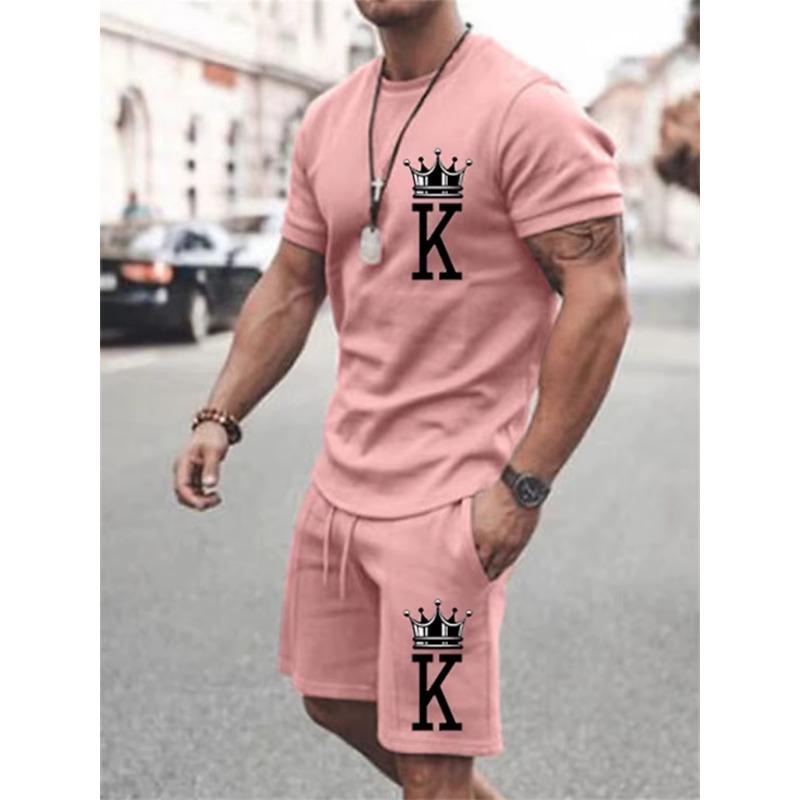 Abito casual da uomo estivo, due pezzi oversize, semplice, casual, streetwear, stampa king, abito da spiaggia, maglietta da uomo, pantaloncini, abbigliamento sportivo