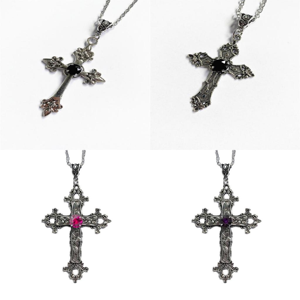 Gothic Cross Pendant Necklace With Flower Pattern Alloy Chain Jewelry For Party Wear