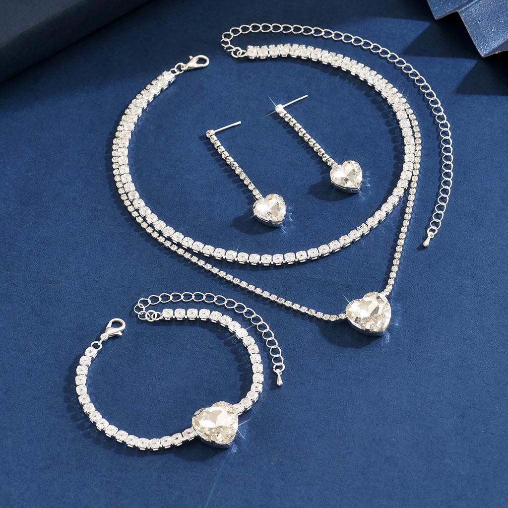 Jewelry Heart Rhinestone Necklace Earrings Bracelet Three-piece Set Fashion Bridal Set Dress Accessories Women's