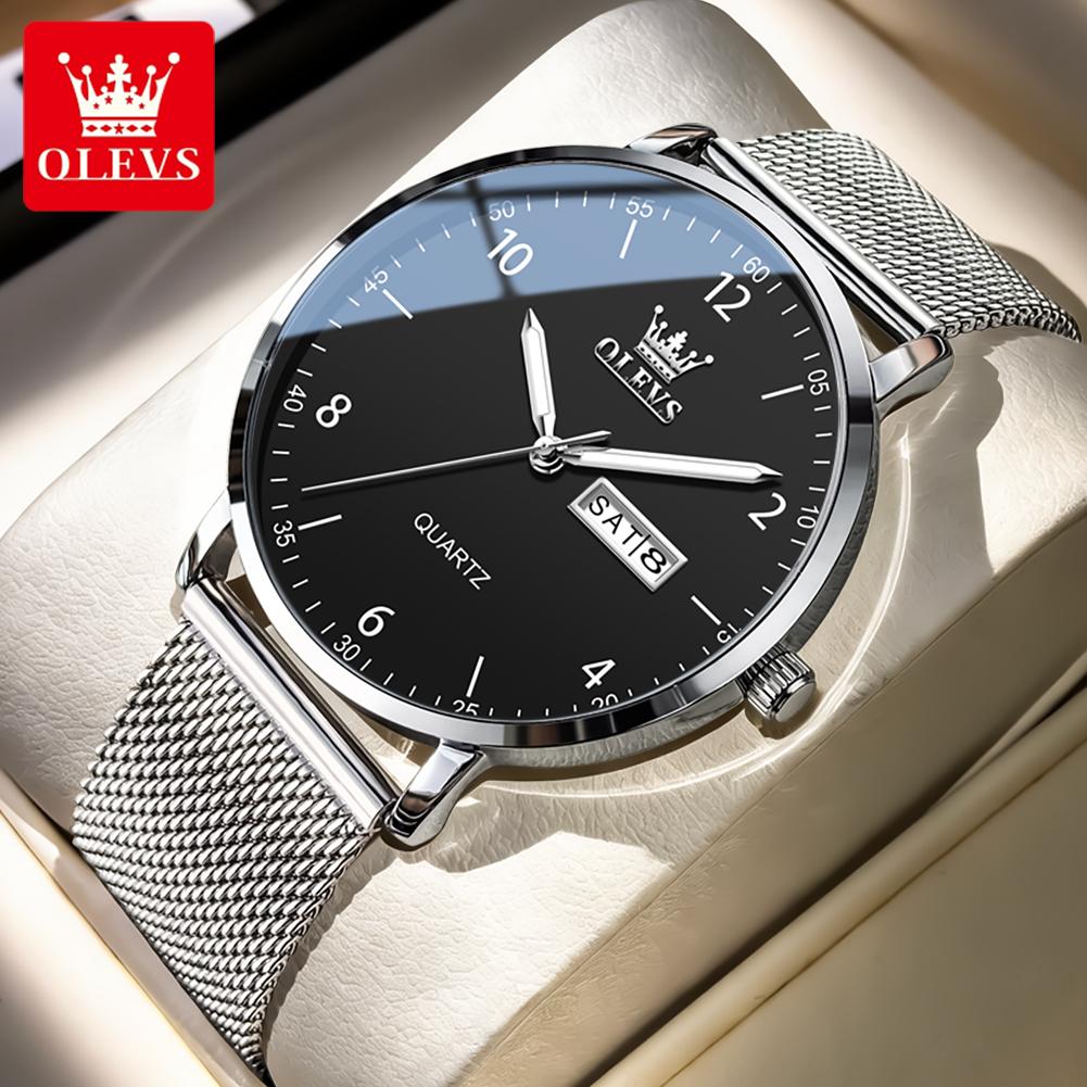 OLEVS Original Quartz Watches for Men Minimalist Mesh Steel Strap Men's Watches Dual Calendar Waterproof Luminous Man Watch 2996