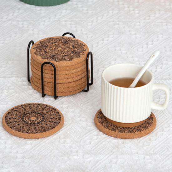 8Pcs Cork Coasters with Rack Round Retro Coasters Absorbent Heat-Resistant Table Mats Insulated Dining Placemats for Table Protection