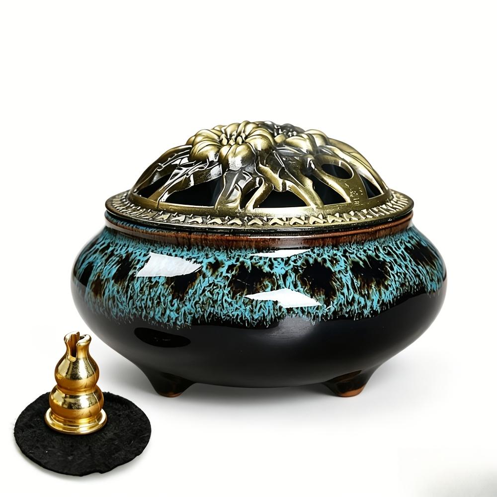 Large Kiln-fired Ceramic Incense Holder Set with Vintage Brass Cover, Includes Fireproof Mat, Coiled Incense Tray and Mesh Cover