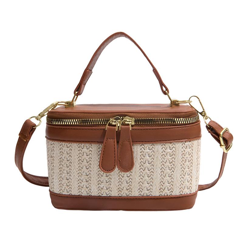 

Tide bag women s summer new woven splicing shoulder bag texture portable messenger small square bag коричневий