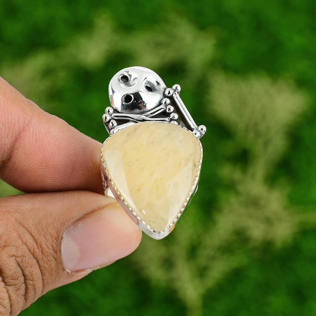 925 Silver Natural Goldy Quartz Promise Skull And Bone Adjustable Ring
