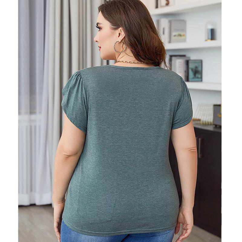 Женская летняя однотонная футболка с v-образным вырезом и коротким рукавом — фото 5