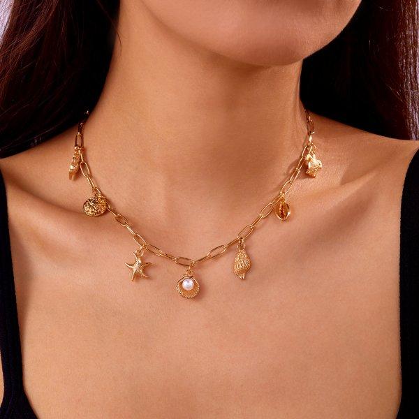 Bohemia Gold Color Starfish Conch Turtle Pendant Necklace for Women Handmade Metal Chain Necklaces Summer Beach Party Jewelry