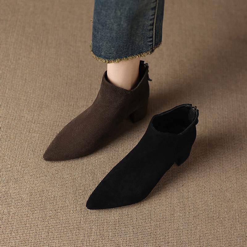 Krazing Pot Cow Suede Nubuck Pointed Toe Thick Heels Chelsea Boots Size 43 Zip Basic Clothing Women Ankle Boots
