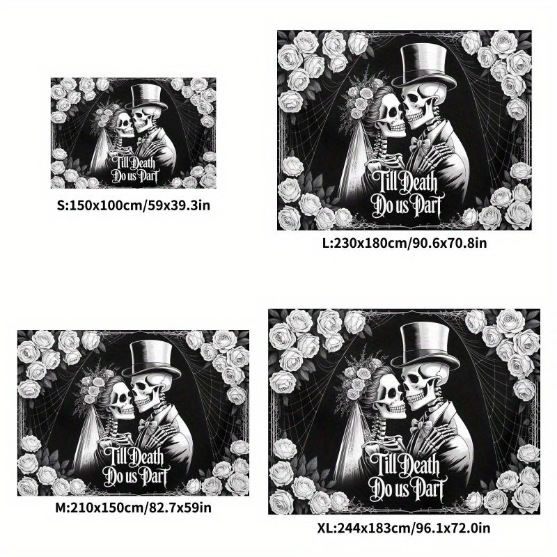2D Flat lay 1 Gothic Wedding Banner and Photography Backdrop - Black and White Skeleton Couple with Roses and Spiderweb Design