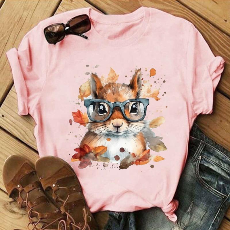 Cute Squirrel Pattern Printed T-Shirt Personalized Creative Casual Round Neck Shirt Funny Squirrel T-Shirt Top