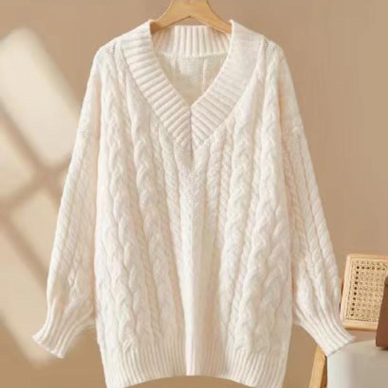 Autumn and winter new loose pullover knitted sweater thickened medium and long sweater women's lazy wind v-neck twist top