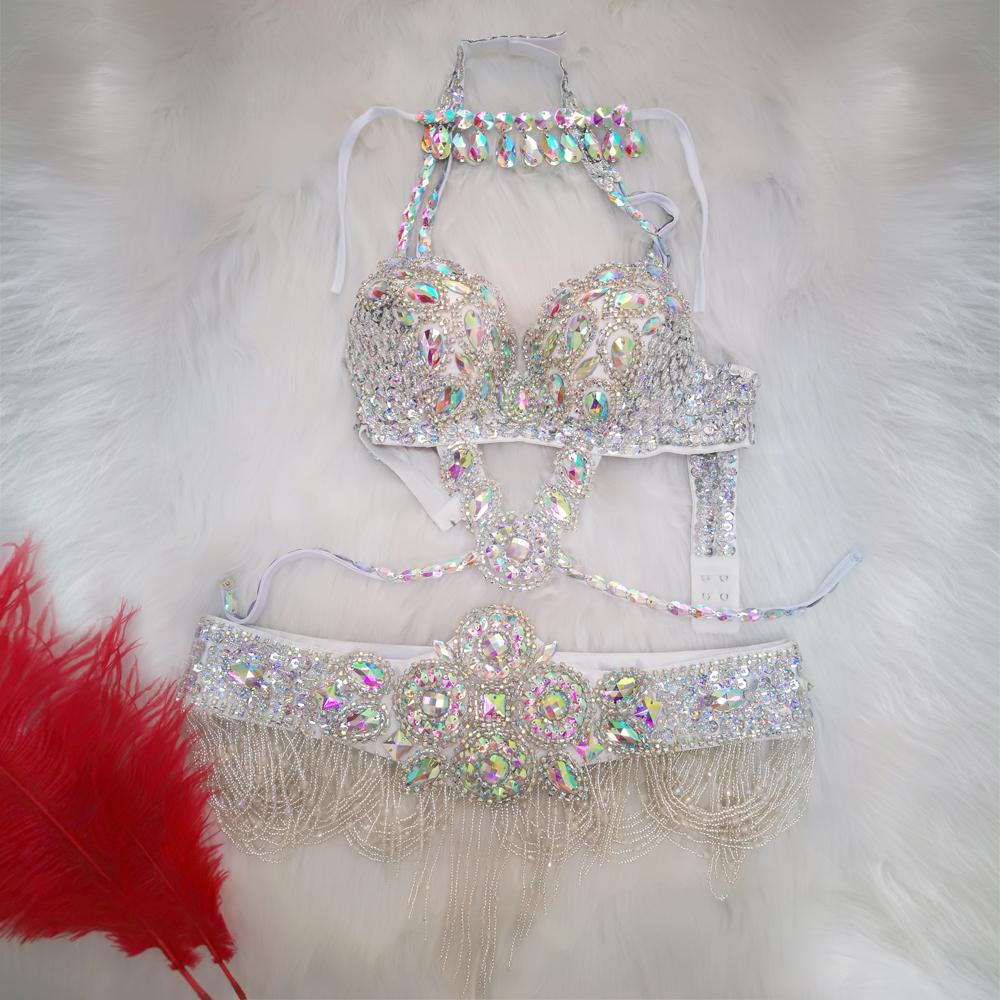 Hot Sale Women's Beaded Crystal Belly Dance Costume Wear Bra+Belt+Necklace 3pc Set Sexy Bellydancing Costumes Clothes