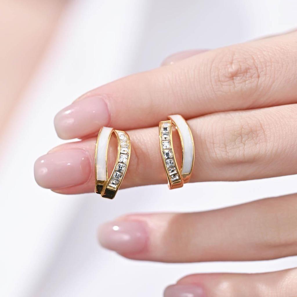 Exquisite White Enamel Rhinestone C-Shape Double-Layer Stud Earrings In 925 Silver for Women