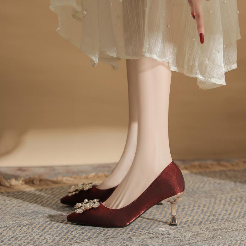 New Pointed High Heels Large Size Plus Wide Women's Shoes Pearl Square Buckle Single Shoes Wedding Shoes