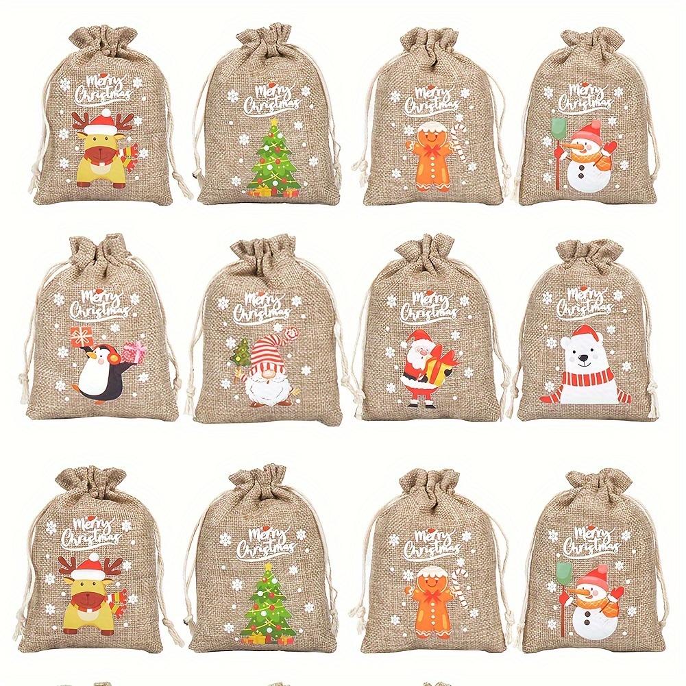 

12pcs Christmas Candy Gift Bag Santa Claus Patterns Natural Jute Bags Burlap Drawstring Pouch Jewelry Packaging Party Gift Bag 12pcs