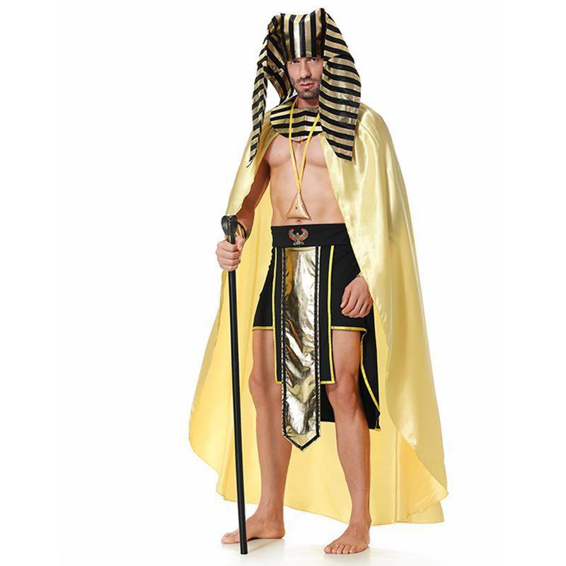 Egyptian Pharaoh Costume Men Halloween Cosplay Outfit With Headdress Cape Skirt Armlets Pendant