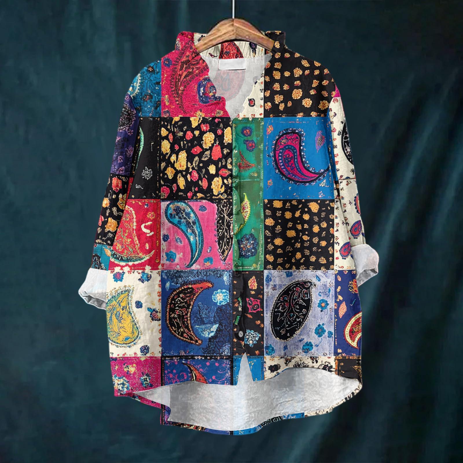 

Женский свободный топ с оборками, цветочным принтом, воротником-стойкой и длинными рукавами из хлопка и льна S