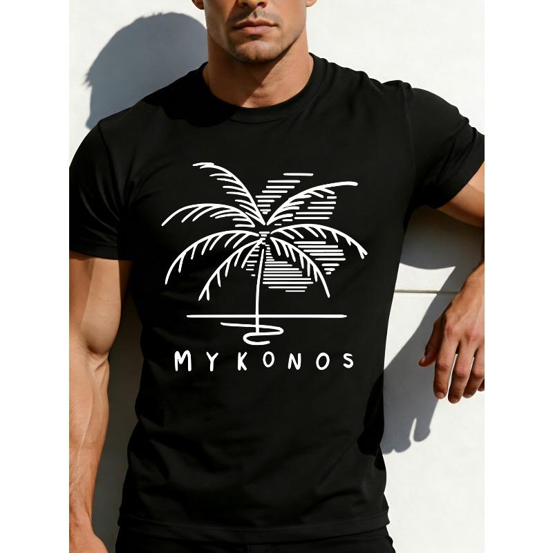 

European sizes Casual Summer Style Men s T-Shirt Palm Tree Mykonos Design Beach Vacation Gift for Him S чёрный