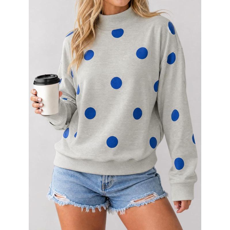 Women S Loose Half High Neck Long Sleeve Polka Dot Pullover Sweatshirt