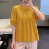Women Hollow Crochet Patchwork Summer Casual Round Neck Short Sleeve Blouse