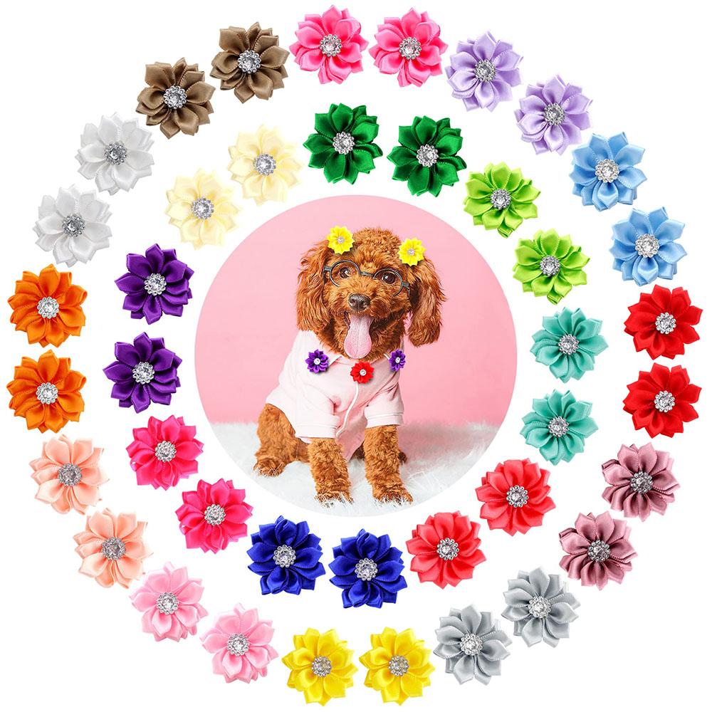 50/100pcs/lot Pet Dog Hair Bows Rubber Bands Petal Flowers Bows with Pearls Pet Dog Grooming Bows Dog Hair Accessories Product