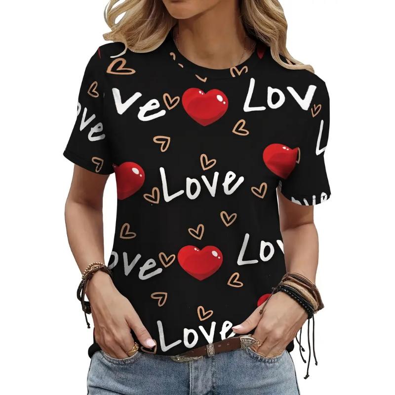 Heart Print Crew Neck T-Shirt For Women Casual Short Sleeve Leopard Love Tshirts Top Women's Ladies Valentine's Day T Shirt