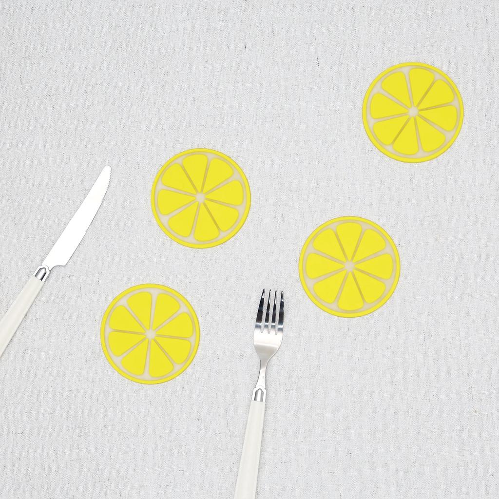Set aus 4 PVC Niedliche Zitrone Untersetzer, Gelbe Runde Hitzebeständige Matte Küchenzubehör Tischsets Unterlagen für Gläser Küche