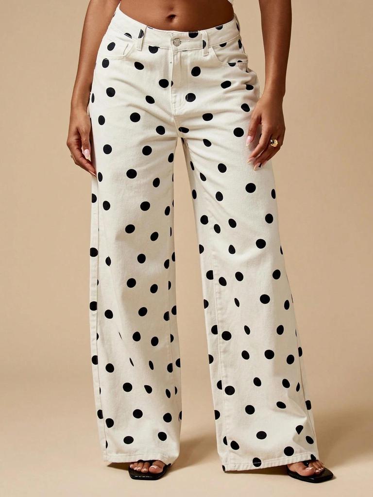 European Style Polka Dot Casual Mid-Waist Non-Stretch Long Denim Pants for Women