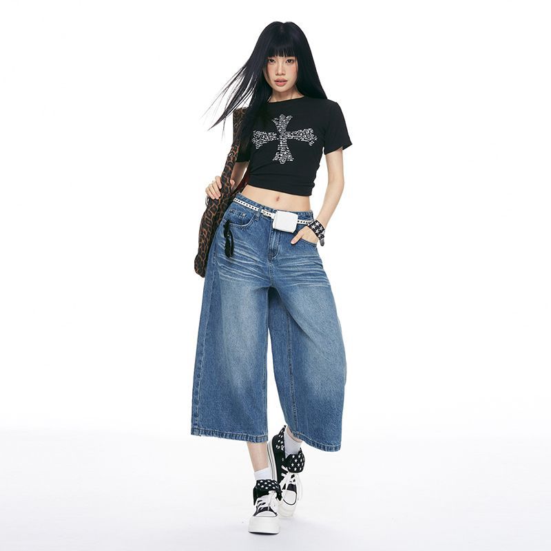 Trendy Summer Vintage Loose Wide Leg Straight Cropped Capri Denim Pants For Women Versatile Slimming FigureFlattering Daily Capri Trousers