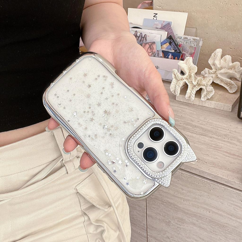 For IPhone16ProMax Flash Diamond Phone Case for Apple15 Cute Cartoon Cat Ears 14 Electroplating Protective Case