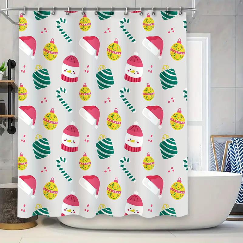 

Festive Christmas-Themed Shower Curtain Featuring Candy Cane Ornaments, Santa Hats, Snowmen, And Colorful Balls Perfect For Addi W60H190(CM)-1 Pcs