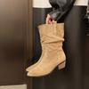 Large Size Vintage Pleated Pile Boots Women's Autumn and Winter New Boots Frosted Medium Boots Women's