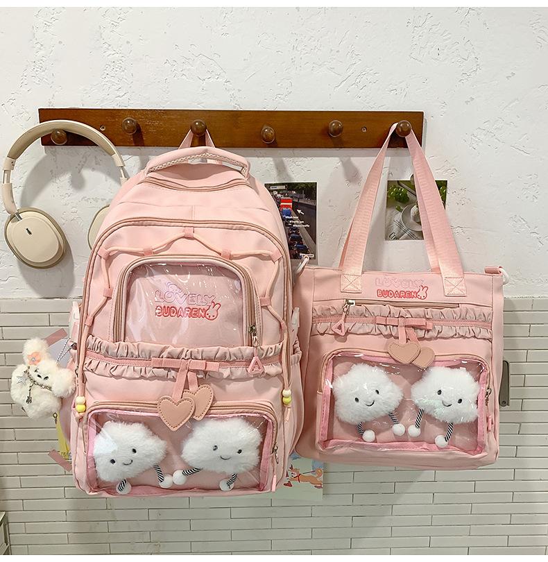 Schoolbagins Style High-value Student Schoolbag Female Korean College Style Two-piece Backpack Ballet Style Lace Make-up Bag