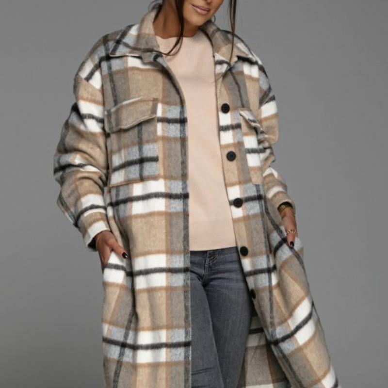 RUGOD Coat Women's Fashionable Loose Autumn and Winter New Design Plaid Stitching Pockets Long-sleeved Mid-length Cardigan