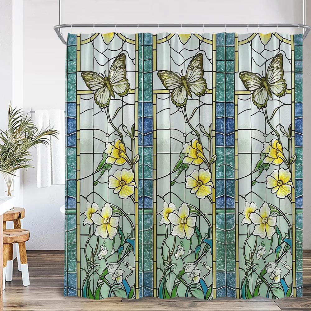 Stained Glass Garden Shower Curtain Butterfly Flowers Church Colored Painting Glass Wall Art Bath Curtain Aesthetic Bath Curta
