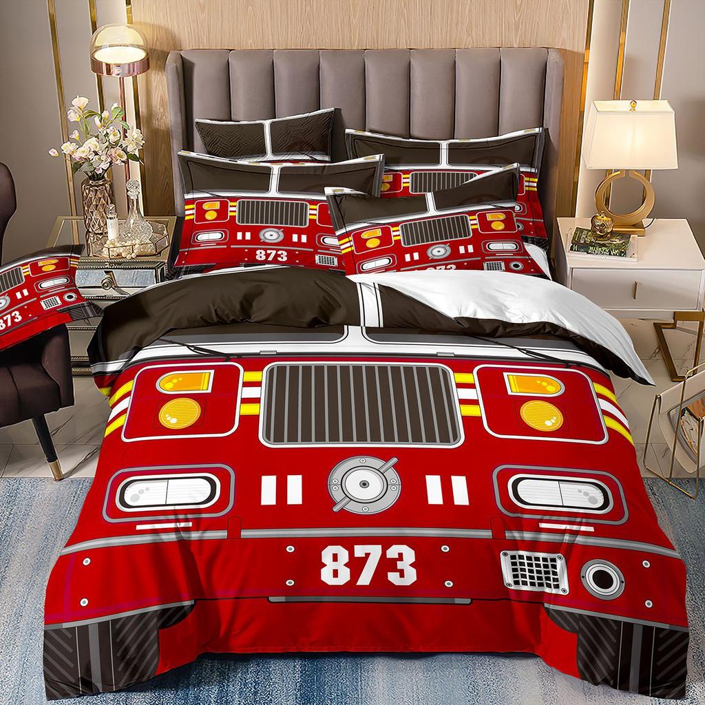 Bedding Three-Piece Set 3D Digital Printing Cartoon Fire Truck Children'S Polished Duvet Cover