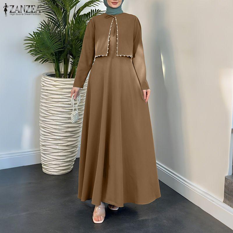 ZANZEA Damen Freizeit Rundhals Langarm Locker Muslimisches Kleid