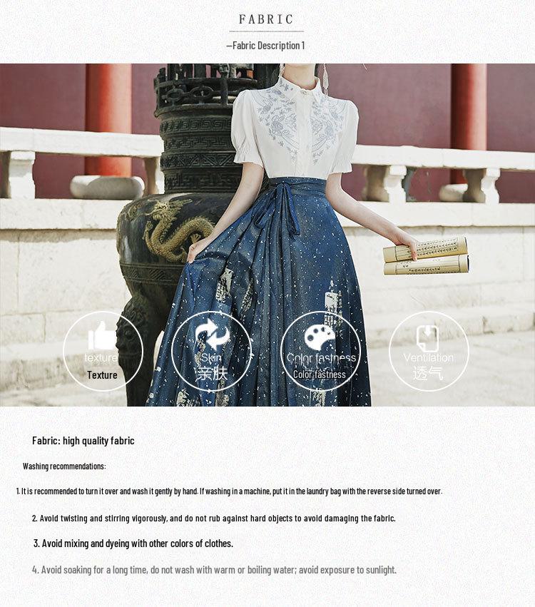 Chinese Style Embroidered Hanfu: Short-Sleeved Top & Gradient Dark Green Horse-Face Skirt Set
