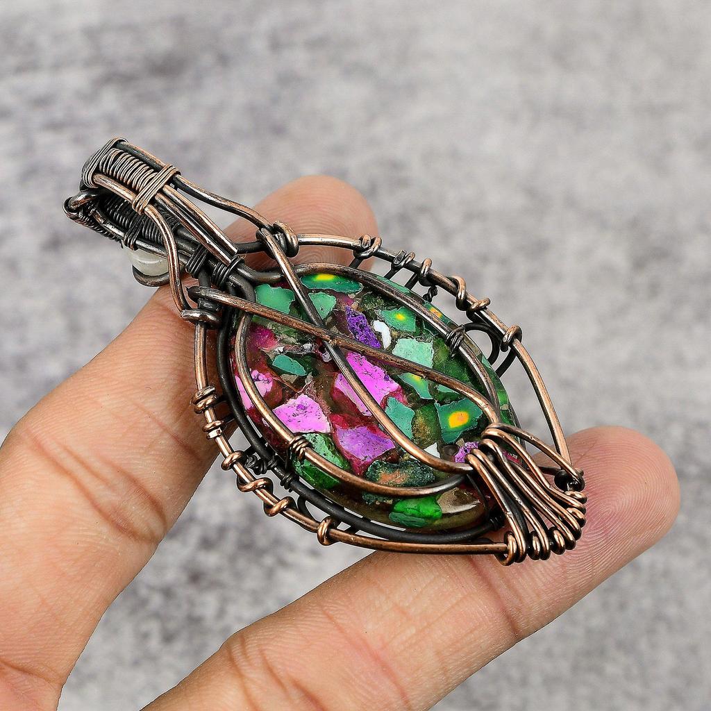 Multi Copper Turquoise & Rainbow Moonstone Pendant Gemstone Jewelry, 999 Copper Wire Wrapped Handmade Pendant, Latest Design Jewelry