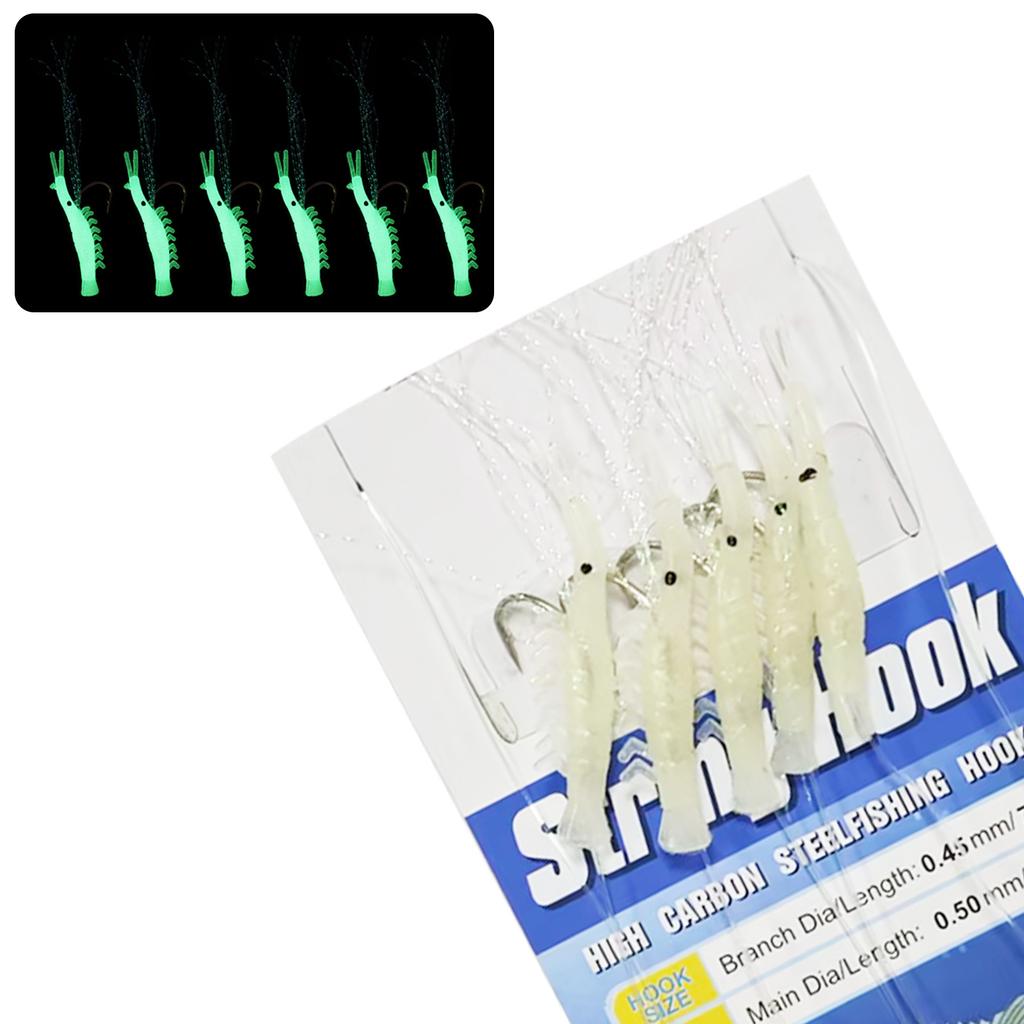 6 Pack Glow in Dark Saltwater Shrimp String Hooks 5 Hooks High Visibility Pre-Rigged 1-6 Mixed Sizes Fishing Lure Bait Tackle Kit