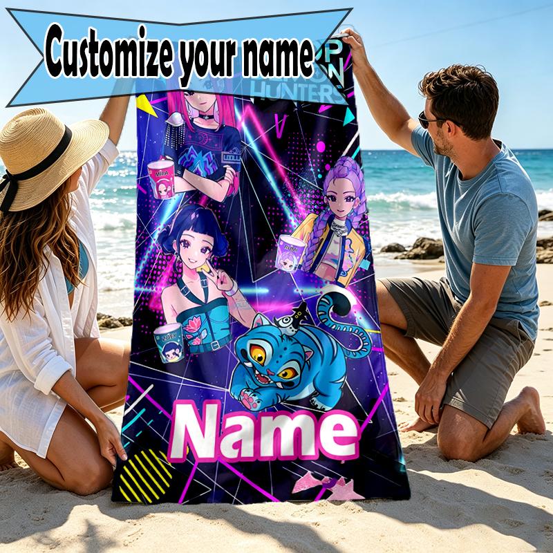 Custom Name Personalized KPop Demon Hunters Print Beach Towel, for Trip Camping Beach Party Home Decor, Birthday Gift for Family & Friends