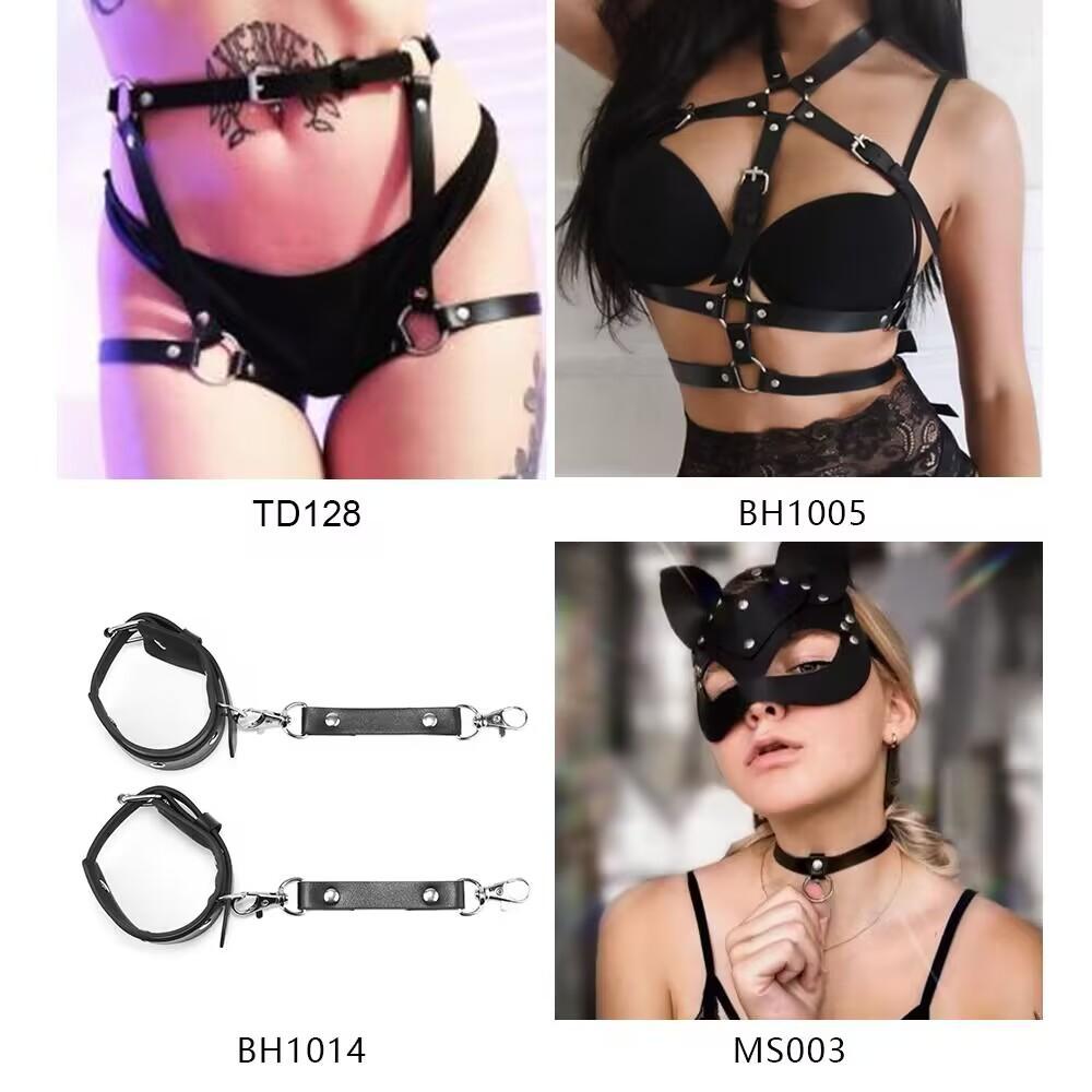 Nightclub Glamour Queen Leather Bondage Mask Belt Seal Handcuff Set