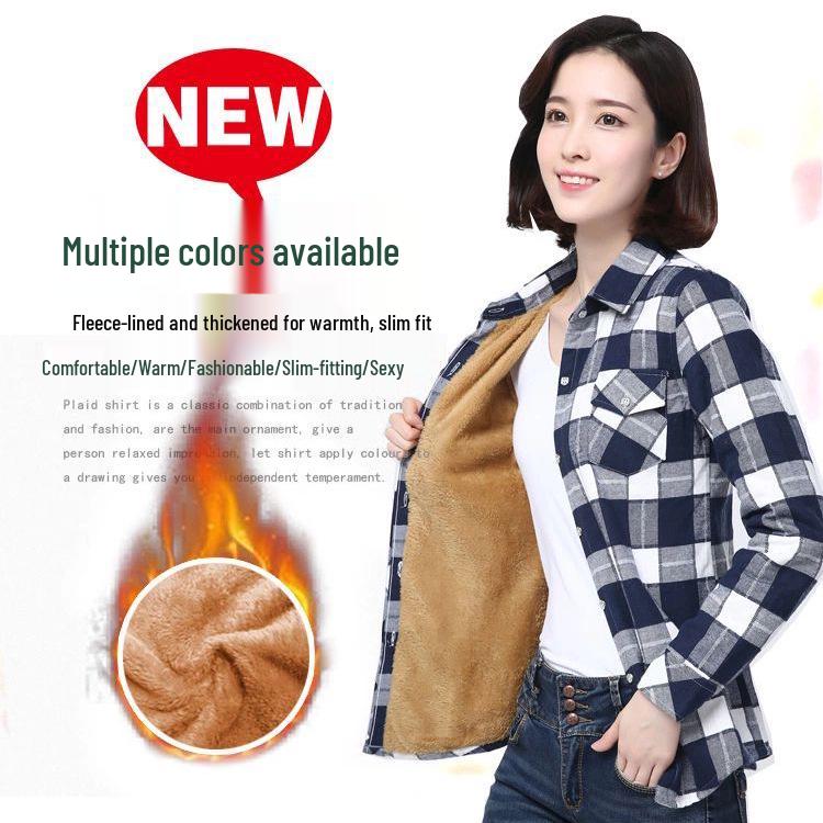 Women's 2025 Winter Slim Fit Cotton Plaid Shirt - Long Sleeve, Fleece Lined, Thick, Versatile, Plus Size